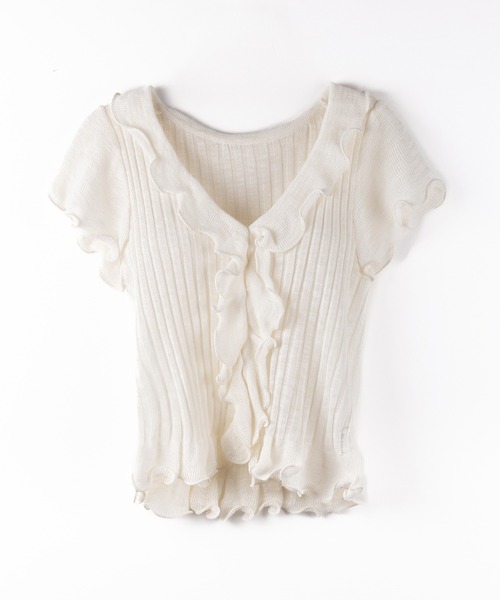 me+em select(ミームセレクト)の「【 2color 】シアーフリル半袖リブニットカーディガン / sheer frill short sleeve rib knit cardigan(Tシャツ/カットソー・レディース・ブラック/アイボリー・FREE)」の11枚目の写真