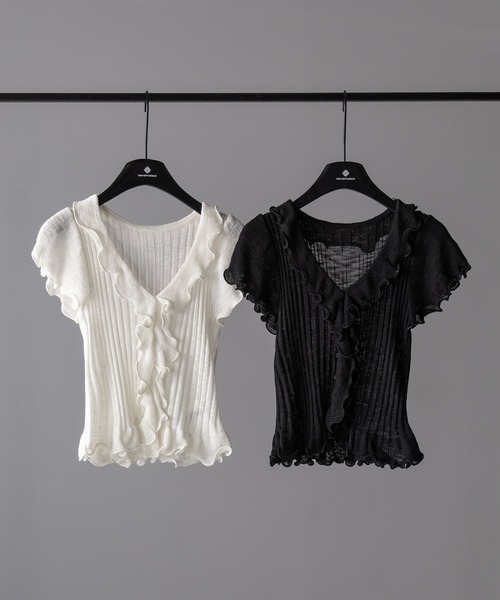 me+em select(ミームセレクト)の「【 2color 】シアーフリル半袖リブニットカーディガン / sheer frill short sleeve rib knit cardigan(Tシャツ/カットソー・レディース・ブラック/アイボリー・FREE)」の15枚目の写真