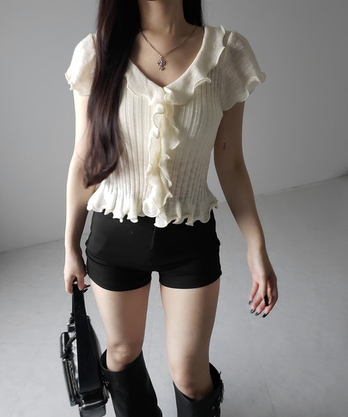 me+em select(ミームセレクト)の「【 2color 】シアーフリル半袖リブニットカーディガン / sheer frill short sleeve rib knit cardigan(Tシャツ/カットソー・レディース・ブラック/アイボリー・FREE)」の20枚目の写真