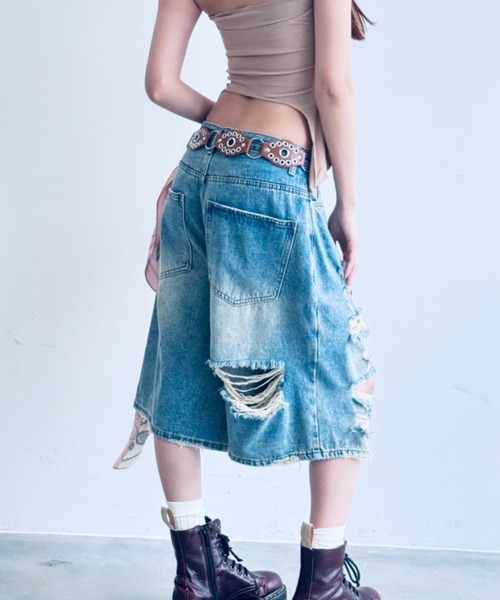 00s y2k shaman ハーフパンツ サイケ レイヴ サイバー fotus セール】【ダメージ】デニムハーフパンツ(デニムパンツ)|Y2K