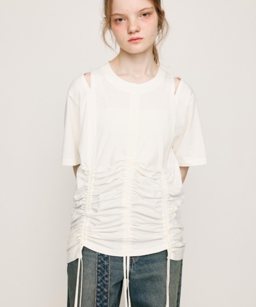 SLY(スライ)の「STEPHEM SHIRRING T/SH ステファン シャーリング Tシャツ 半袖 夏服(Tシャツ/カットソー・レディース・ライトブラック/オフホワイト/ブラック・FREE)」の2枚目の写真