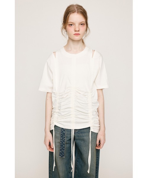 SLY(スライ)の「STEPHEM SHIRRING T/SH ステファン シャーリング Tシャツ 半袖 夏服(Tシャツ/カットソー・レディース・ライトブラック/オフホワイト/ブラック・FREE)」の6枚目の写真