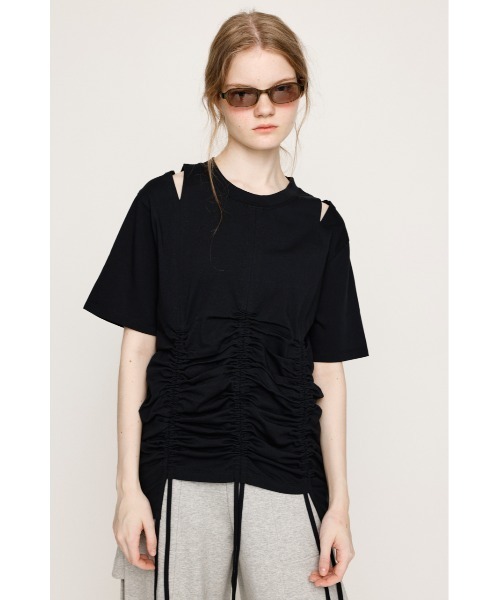 SLY(スライ)の「STEPHEM SHIRRING T/SH ステファン シャーリング Tシャツ 半袖 夏服(Tシャツ/カットソー・レディース・ライトブラック/オフホワイト/ブラック・FREE)」の9枚目の写真