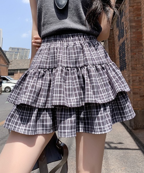 Vipoa(ヴィポア)の「check frill skirt(スカート・レディース・ブラック/ブルー・FREE)」の2枚目の写真