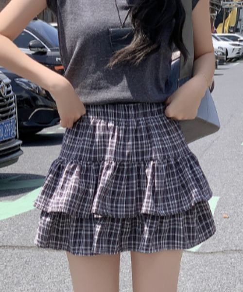 Vipoa(ヴィポア)の「check frill skirt(スカート・レディース・ブラック/ブルー・FREE)」の3枚目の写真