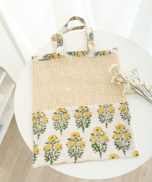 MOTO（モト）の「ブロックプリントジュートネットトートバッグ（トートバッグ・レディース・ブラウン/ホワイト・ONE SIZE）」の2枚目の写真