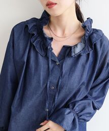 le.coeur blanc | フリルネックデニムブラウス(シャツ/ブラウス)