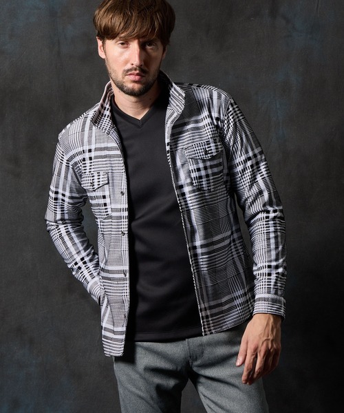 HIDEAWAYS NICOLE（ハイダウェイニコル）の「フロッキープリントスタンドカラーシャツ（シャツ/ブラウス・メンズ・ネイビー/チャコールグレー×ブラック/ホワイト×ブラック/ボルドー・X-LARGE/LARGE/MEDIUM）」の2枚目の写真