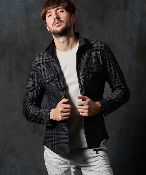 HIDEAWAYS NICOLE（ハイダウェイニコル）の「フロッキープリントスタンドカラーシャツ（シャツ/ブラウス・メンズ・ネイビー/チャコールグレー×ブラック/ホワイト×ブラック/ボルドー・X-LARGE/LARGE/MEDIUM）」の3枚目の写真