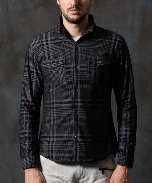 HIDEAWAYS NICOLE（ハイダウェイニコル）の「フロッキープリントスタンドカラーシャツ（シャツ/ブラウス・メンズ・ネイビー/チャコールグレー×ブラック/ホワイト×ブラック/ボルドー・X-LARGE/LARGE/MEDIUM）」の5枚目の写真