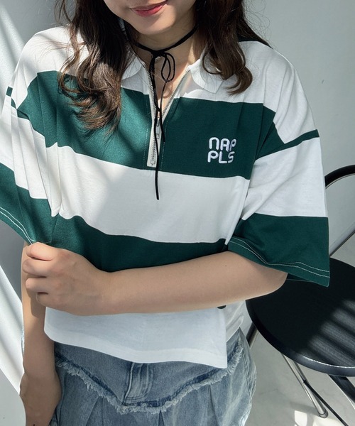 AS KNOW AS plus（アズノゥアズプラス）の「●ハーフジップラガー風Tシャツ（Tシャツ/カットソー・レディース・ホワイト系その他/ピンク系その他/ブラウン系/サックスブルー系・FREE）」の2枚目の写真