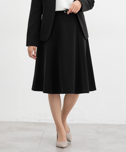 ストレッチ・マシンウォッシャブル・イージーケア】ベルト付フレア