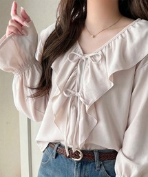 【mily bilet】ひらりと可憐に、上品フェミニン。フェイクスエード前開きリボンブラウス(長袖)