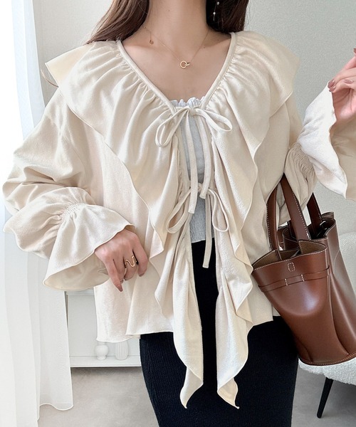 mily bilet(ミウィビレット)の「【mily bilet】ひらりと可憐に、上品フェミニン。フェイクスエード前開きリボンブラウス(長袖)(シャツ/ブラウス・レディース・チャコールグレー/ブラウン/ベージュ・X-LARGE/SMALL/LARGE/MEDIUM)」の20枚目の写真