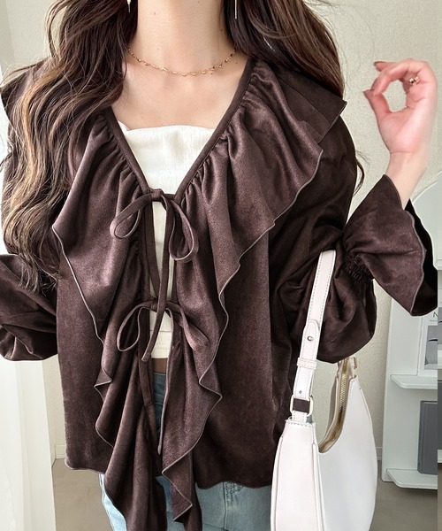 mily bilet(ミウィビレット)の「【mily bilet】ひらりと可憐に、上品フェミニン。フェイクスエード前開きリボンブラウス(長袖)(シャツ/ブラウス・レディース・チャコールグレー/ブラウン/ベージュ・X-LARGE/SMALL/LARGE/MEDIUM)」の15枚目の写真