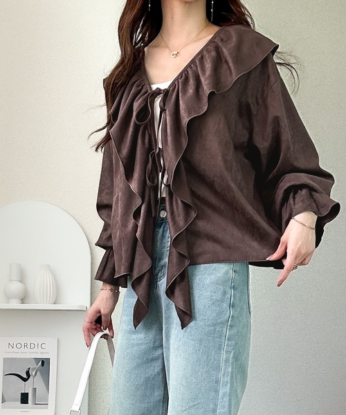 mily bilet(ミウィビレット)の「【mily bilet】ひらりと可憐に、上品フェミニン。フェイクスエード前開きリボンブラウス(長袖)(シャツ/ブラウス・レディース・チャコールグレー/ブラウン/ベージュ・X-LARGE/SMALL/LARGE/MEDIUM)」の17枚目の写真