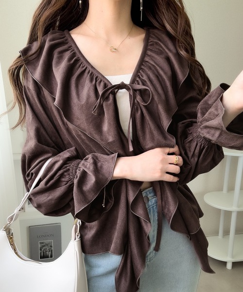 mily bilet(ミウィビレット)の「【mily bilet】ひらりと可憐に、上品フェミニン。フェイクスエード前開きリボンブラウス(長袖)(シャツ/ブラウス・レディース・チャコールグレー/ブラウン/ベージュ・X-LARGE/SMALL/LARGE/MEDIUM)」の18枚目の写真
