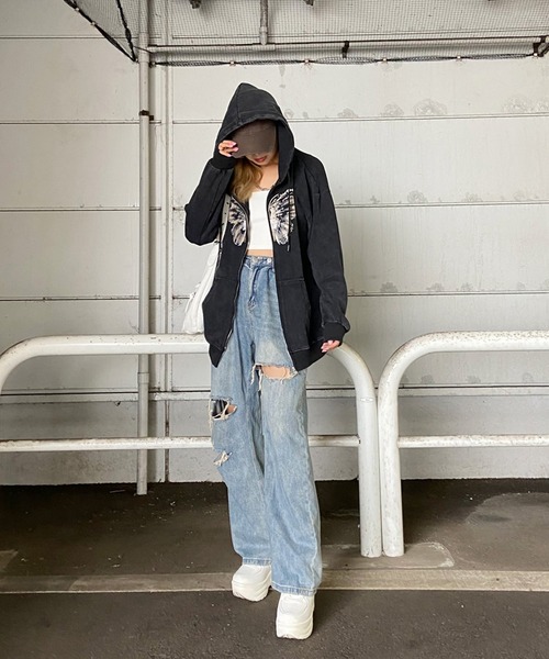 non-hedge（ノンヘッジ）の「ブリーチビッグパーカー（パーカー・レディース・ブラック×ブラック/ブラック×ホワイト/ブラック・FREE）」の16枚目の写真