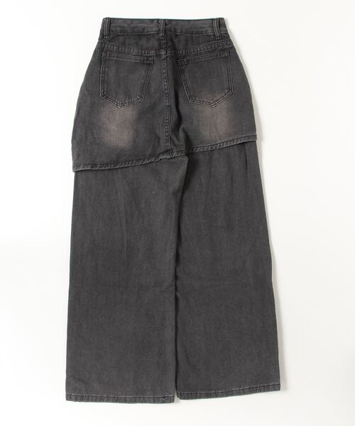 セール】ダメージ加工レイヤード風ワイドブラックデニム（デニムパンツ