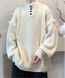 【FVLMEN】stand neck button fringe knit pullover/スタンドネック ボタン フリンジ ニット プルオーバー