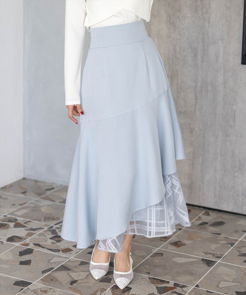 CLEAR BASIC（クリアベーシック）の「【低身長対応／サイズ展開あり】シアーチェックドッキングアシンメトリースカート[大人 フェミニン 上品]≪新色追加≫（スカート・レディース・アイボリー/ブラック/ピンク/サックスブルー・F/PF）」の3枚目の写真
