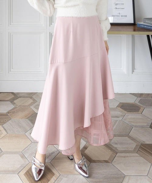 CLEAR BASIC（クリアベーシック）の「【低身長対応／サイズ展開あり】シアーチェックドッキングアシンメトリースカート[大人 フェミニン 上品]≪新色追加≫（スカート・レディース・アイボリー/ブラック/ピンク/サックスブルー・F/PF）」の4枚目の写真