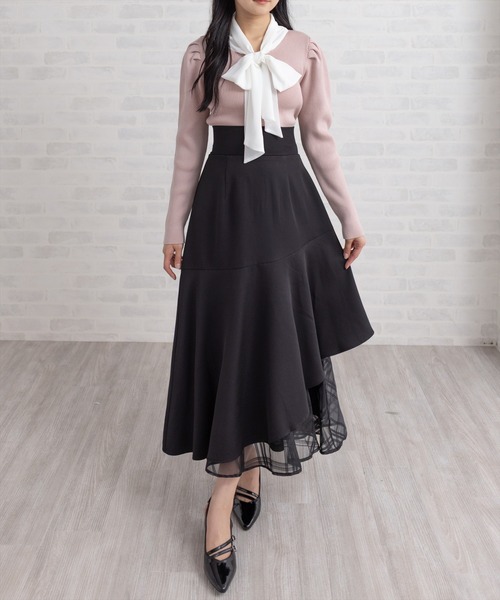 CLEAR BASIC（クリアベーシック）の「【低身長対応／サイズ展開あり】シアーチェックドッキングアシンメトリースカート[大人 フェミニン 上品]≪新色追加≫（スカート・レディース・アイボリー/ブラック/ピンク/サックスブルー・F/PF）」の6枚目の写真