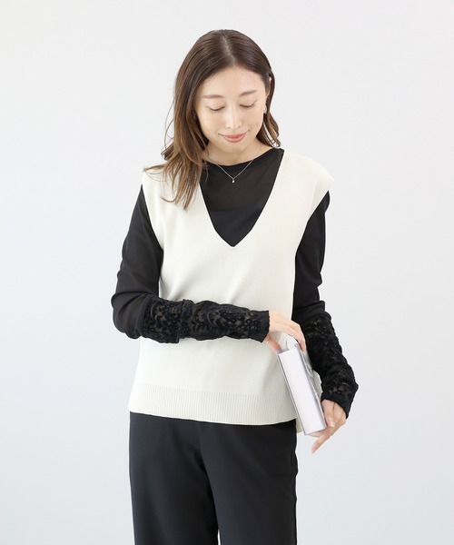 Aletta vita(アレッタビータ)の「異素材切替シアープルオーバー(Tシャツ/カットソー・レディース・ブラック/アイボリー・FREE)」の14枚目の写真