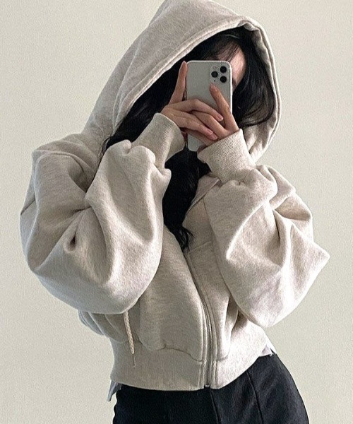 Vipoa（ヴィポア）の「short zip up hoodie（パーカー・レディース・ライトグレー/ブラック/ホワイト/ネイビー/ダークグレー/ブルー/オートミール・FREE）」の11枚目の写真