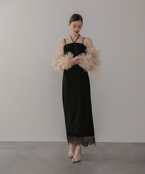 Leja（レジャ）の「【LEJA】チュールフリルスリーブベストセットワンピースドレス2点セット 美脚効果結婚式 パーティードレス 成人式 二次会 同窓会 お呼ばれ オケージョン 20代 30代（ドレス・レディース・ブラック/ダークグレー・SMALL/MEDIUM）」の15枚目の写真