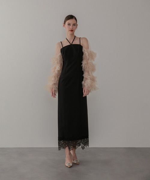 Leja（レジャ）の「【LEJA】チュールフリルスリーブベストセットワンピースドレス2点セット 美脚効果結婚式 パーティードレス 成人式 二次会 同窓会 お呼ばれ オケージョン 20代 30代（ドレス・レディース・ブラック/ダークグレー・SMALL/MEDIUM）」の16枚目の写真