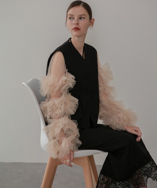 Leja（レジャ）の「【LEJA】チュールフリルスリーブベストセットワンピースドレス2点セット 美脚効果結婚式 パーティードレス 成人式 二次会 同窓会 お呼ばれ オケージョン 20代 30代（ドレス・レディース・ブラック/ダークグレー・SMALL/MEDIUM）」の19枚目の写真