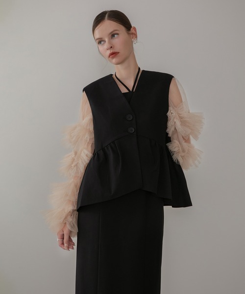 Leja（レジャ）の「【LEJA】チュールフリルスリーブベストセットワンピースドレス2点セット 美脚効果結婚式 パーティードレス 成人式 二次会 同窓会 お呼ばれ オケージョン 20代 30代（ドレス・レディース・ブラック/ダークグレー・SMALL/MEDIUM）」の17枚目の写真