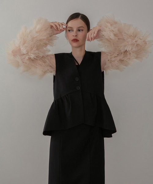 Leja（レジャ）の「【LEJA】チュールフリルスリーブベストセットワンピースドレス2点セット 美脚効果結婚式 パーティードレス 成人式 二次会 同窓会 お呼ばれ オケージョン 20代 30代（ドレス・レディース・ブラック/ダークグレー・SMALL/MEDIUM）」の21枚目の写真