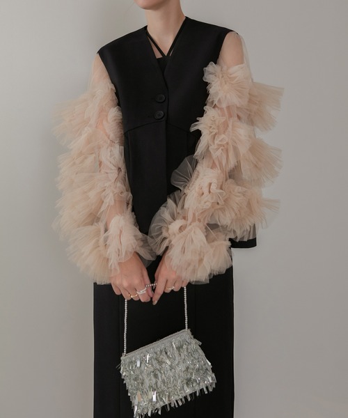 Leja（レジャ）の「【LEJA】チュールフリルスリーブベストセットワンピースドレス2点セット 美脚効果結婚式 パーティードレス 成人式 二次会 同窓会 お呼ばれ オケージョン 20代 30代（ドレス・レディース・ブラック/ダークグレー・SMALL/MEDIUM）」の18枚目の写真