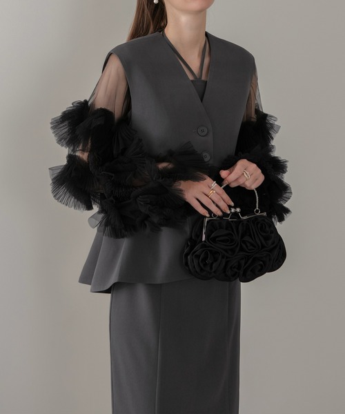 Leja（レジャ）の「【LEJA】チュールフリルスリーブベストセットワンピースドレス2点セット 美脚効果結婚式 パーティードレス 成人式 二次会 同窓会 お呼ばれ オケージョン 20代 30代（ドレス・レディース・ブラック/ダークグレー・SMALL/MEDIUM）」の9枚目の写真