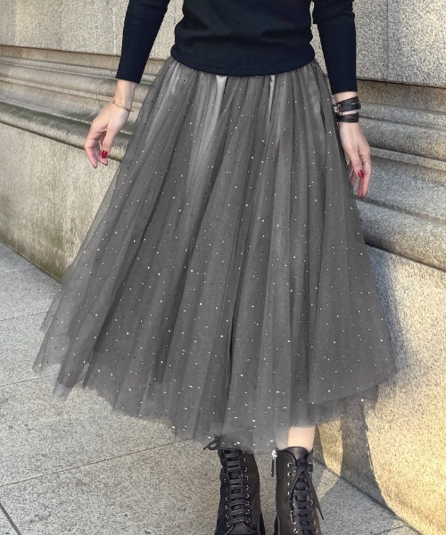 JENNE（ジェンヌ）の「クリスタルチュールスカート（スカート・レディース・グレー/ブルー/ブラック/ピンク・SMALL/LARGE/MEDIUM）」の3枚目の写真
