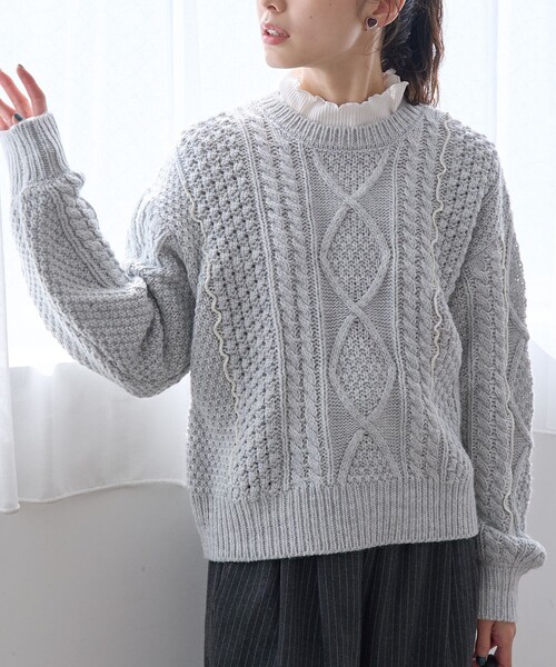 セール】配色メローケーブル編みニットプルオーバー（ニット/セーター