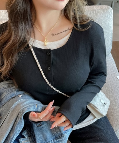 SallyLunn（サリーラン）の「レイヤードボタン付き長袖トップス（Tシャツ/カットソー・レディース・グレー/ブラック・L/M）」の3枚目の写真
