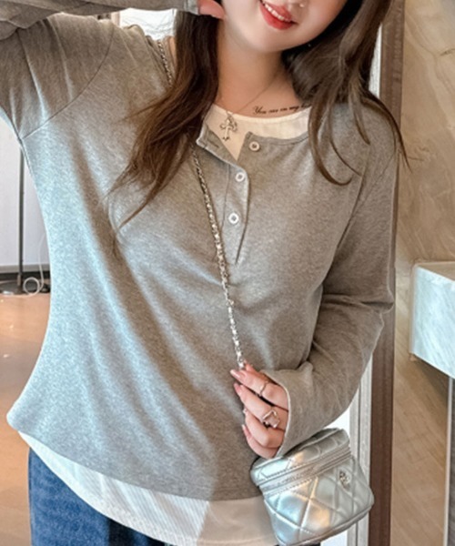SallyLunn（サリーラン）の「レイヤードボタン付き長袖トップス（Tシャツ/カットソー・レディース・グレー/ブラック・L/M）」の4枚目の写真