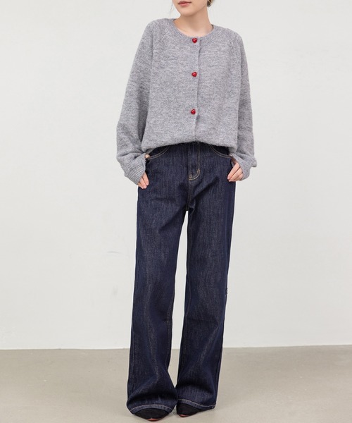 DAY CLOSET（デイ クローゼット）の「ぷっくりハートボタンがCute。長袖ノーカラーニットカーディガン レディース（カーディガン/ボレロ・レディース・ブルー/ネイビー/オートミール/グレー・FREE）」の8枚目の写真