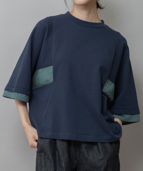 Munich(ミューニック)の「裏毛×ストライプドッキングTシャツ(Tシャツ/カットソー・レディース・ネイビー/モカ/ホワイト・FREE)」の3枚目の写真