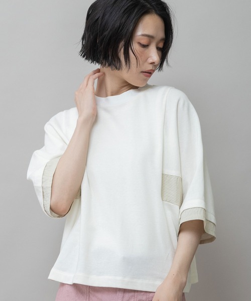 Munich(ミューニック)の「裏毛×ストライプドッキングTシャツ(Tシャツ/カットソー・レディース・ネイビー/モカ/ホワイト・FREE)」の2枚目の写真