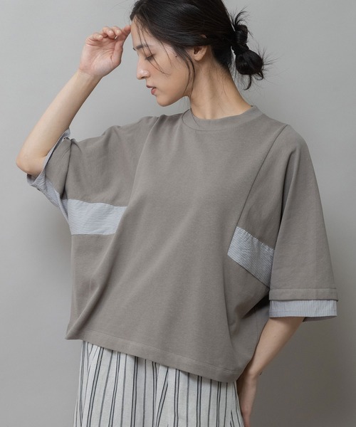 Munich(ミューニック)の「裏毛×ストライプドッキングTシャツ(Tシャツ/カットソー・レディース・ネイビー/モカ/ホワイト・FREE)」の1枚目の写真