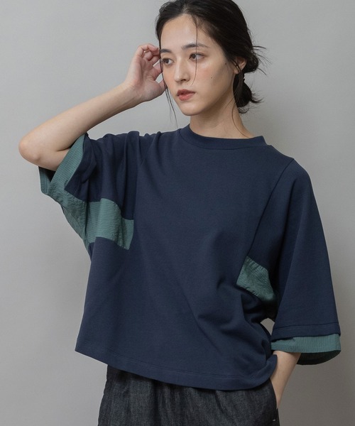Munich(ミューニック)の「裏毛×ストライプドッキングTシャツ(Tシャツ/カットソー・レディース・ネイビー/モカ/ホワイト・FREE)」の14枚目の写真