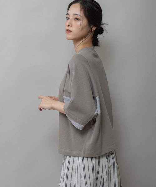Munich(ミューニック)の「裏毛×ストライプドッキングTシャツ(Tシャツ/カットソー・レディース・ネイビー/モカ/ホワイト・FREE)」の4枚目の写真