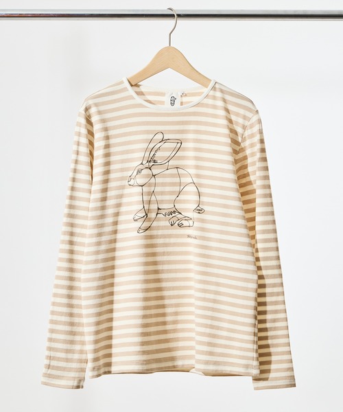 salle de bal(サルデバル)の「【 +HayU fabric / ハユ 】ボーダーロングTシャツ KOI(Tシャツ/カットソー・レディース・ブラック/オフホワイト/ブルー・FREE)」の1枚目の写真