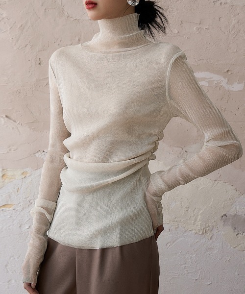 ReRe(リリ)の「ハイネック×シアーメッシュトップス(Tシャツ/カットソー・レディース・ベージュ/ブラック・LARGE/MEDIUM)」の1枚目の写真