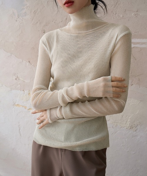 ReRe(リリ)の「ハイネック×シアーメッシュトップス(Tシャツ/カットソー・レディース・ベージュ/ブラック・LARGE/MEDIUM)」の4枚目の写真