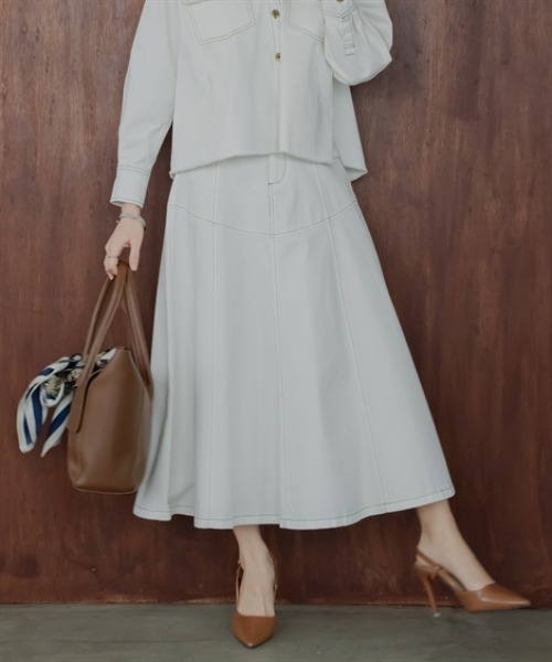 Petitjo(プッチージョ)の「小さいサイズ デニムフレアスカート(セットアップ対応・上下別売り) 低身長さん・小柄女性(スカート・レディース・ホワイト/インディゴブルー・PL/PM/PS/PSS)」の2枚目の写真